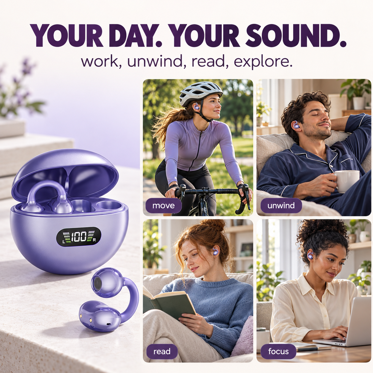 🎧👂Open-Ear Clip-On Bluetooth Earbuds – all-day comfort, immersive sound, leakage control, 8-10h battery, touch control. No ear pain! 🔋💪