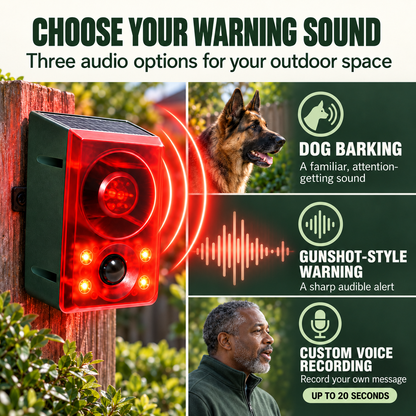 Solar Outdoor Motion Sensor Alarm - Dog Barking & Gunshot Sound, Support Recording and Volume Adjustment, 130dB Noise with Flashing Light to Deter Raccoon, Deer, Skunk, Bear, Coyote