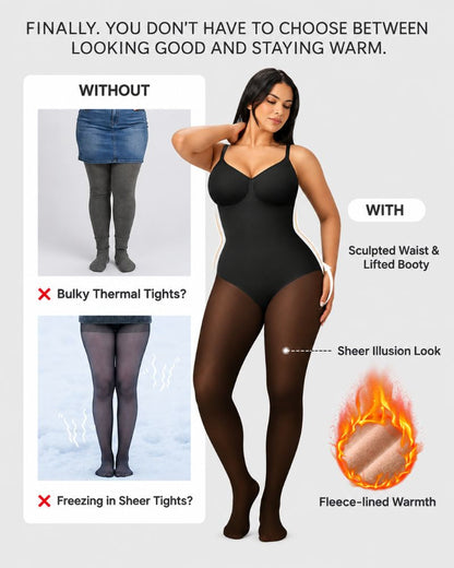 V-Neck Shaping Bodysuit with Fleece-Lined Tights