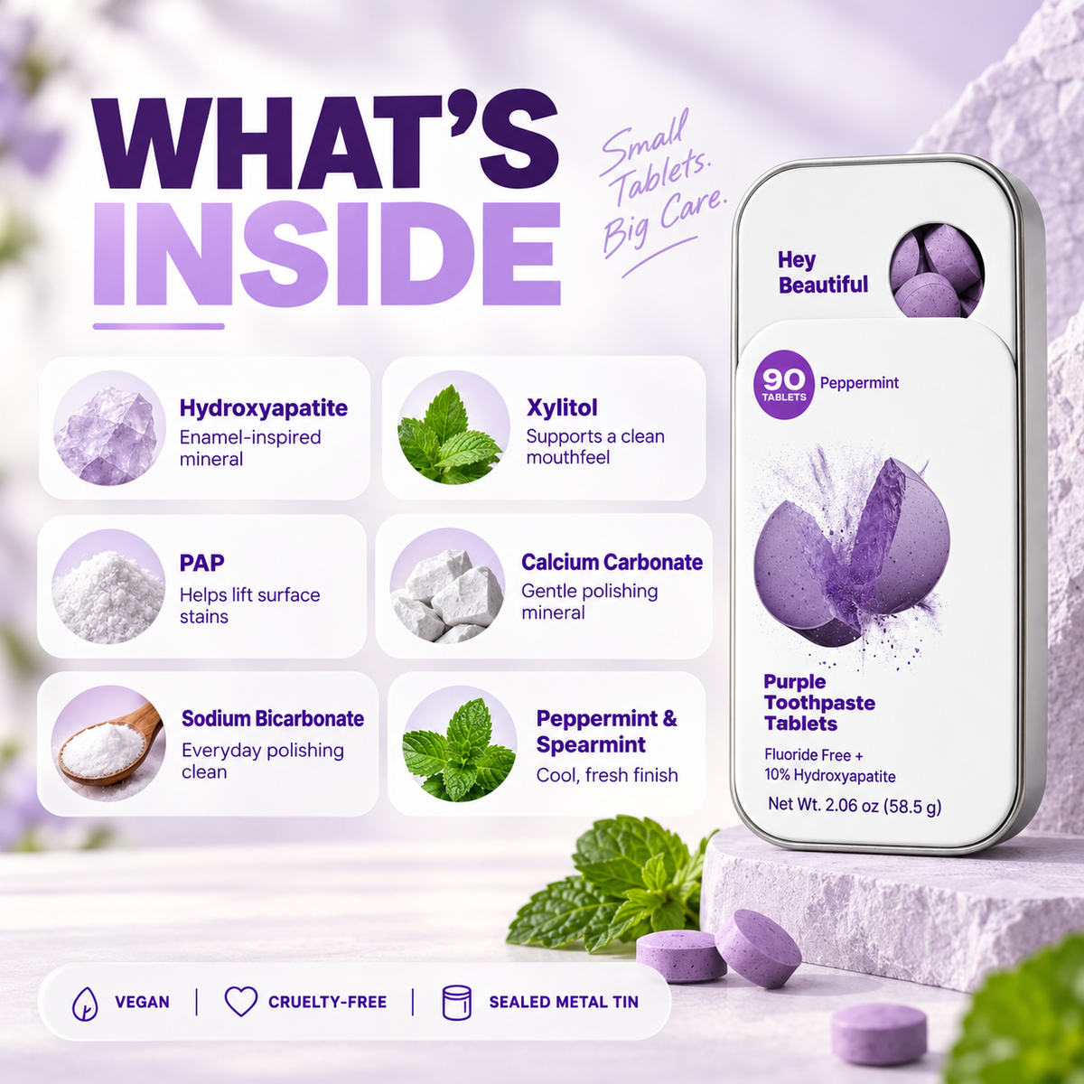 Elyssara Purple Toothpaste Tablets w/ Hydroxyapatite & PAP (90)