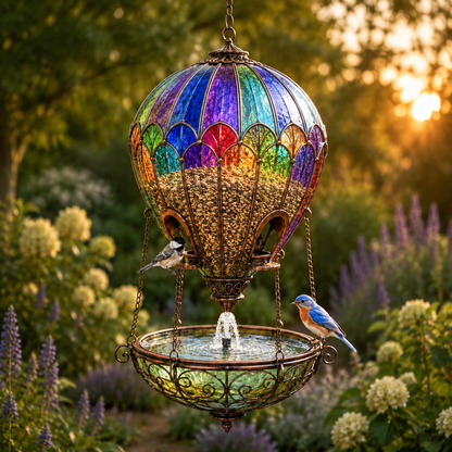 🌈 Stained Glass Hot Air Balloon Bird Feeder Fountain🐦