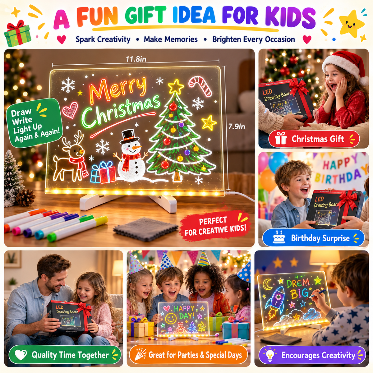 🎁Creative Rewritable Acrylic LED Message Board 🎨 (set come with 7 Pens)